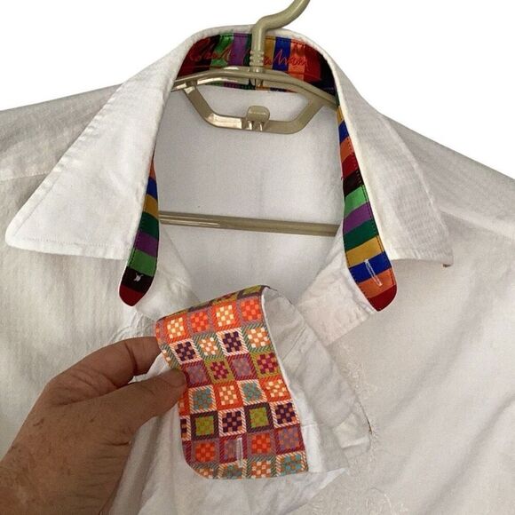 Robert Graham Embroidered White Flip Cuff Shirt Men’s Medium Long Sleeve - Picture 2 of 13